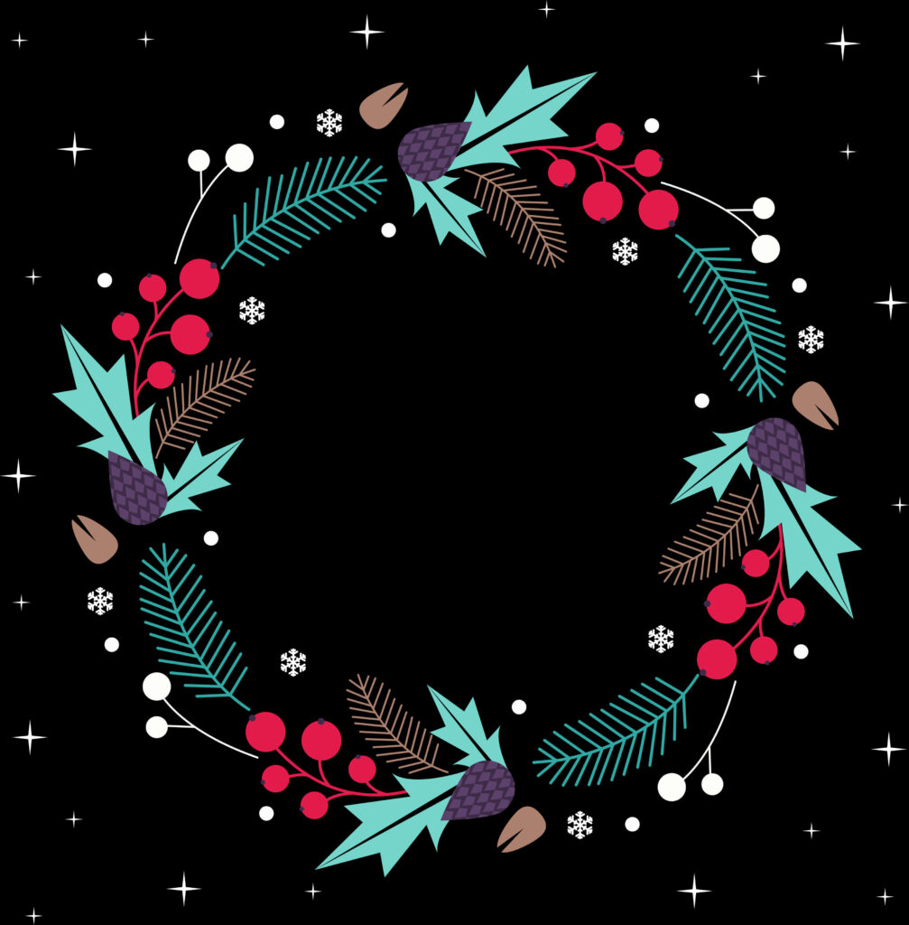 Vibrant Holiday Wreath Illustration on Black Background Wallpaper