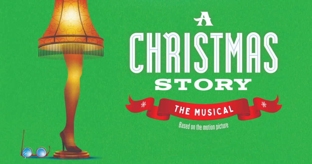 Vibrant wallpaper with iconic Christmas Story leg lamp on bright green festive background