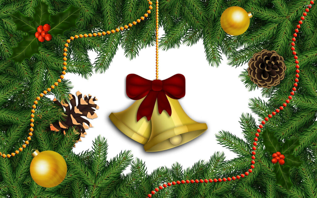 Festive Symphony: Captivating Christmas Bells Adorned Amidst Garland's Pinecone Bedecked Splendor Wallpaper