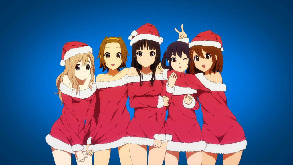 Joyful K-On! Characters in Santa Outfits Against Blue Background Wallpaper