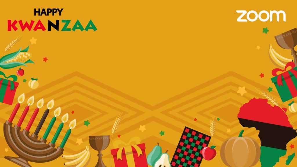 Festive Kwanzaa wallpaper with Kinara Unity Cup Africa map Mkeka mat Pan-African colors background