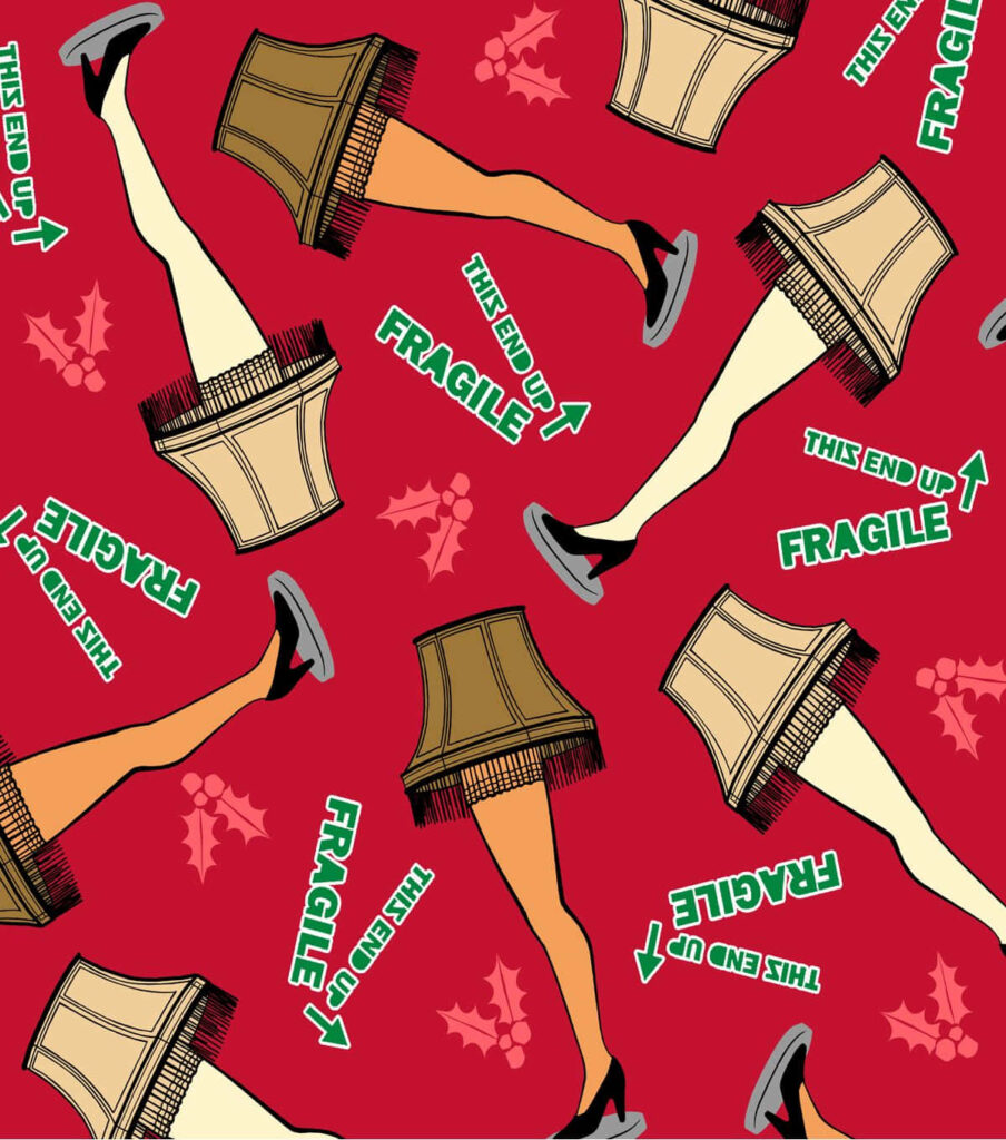 Festive wallpaper with iconic leg lamp pattern red background holly accents and holiday phrases
