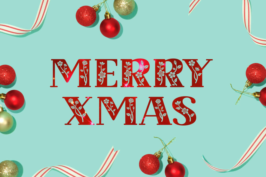 Festive Wallpaper: Bold MERRY XMAS Design with Ornaments & Ribbons