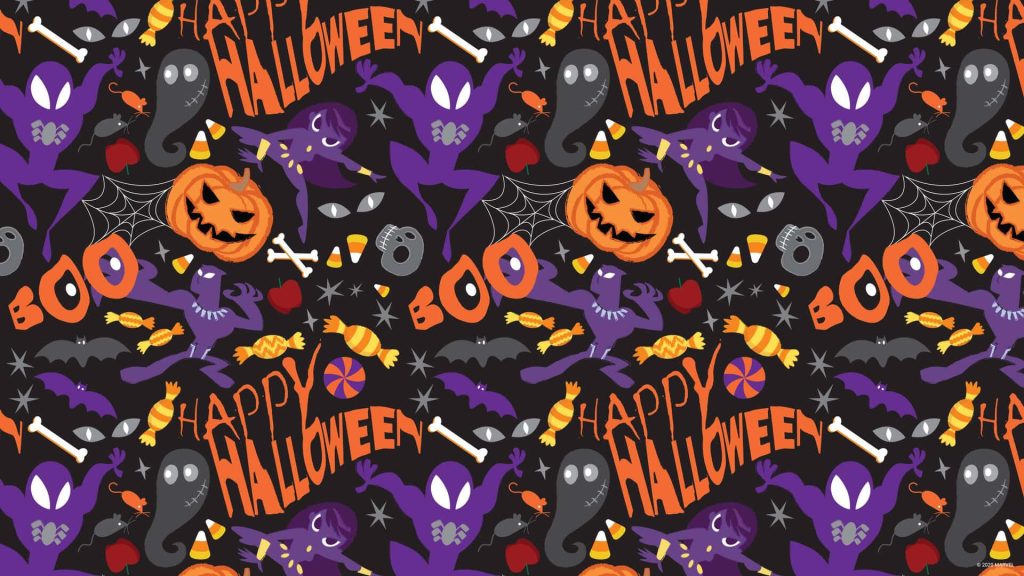 Marvel Halloween wallpaper with Spider-Man Black Panther pumpkins ghosts candy spiderwebs background