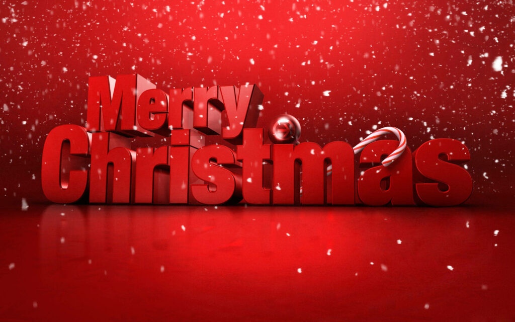 Vibrant Red Merry Christmas Wallpaper with Snowflakes & Ornaments