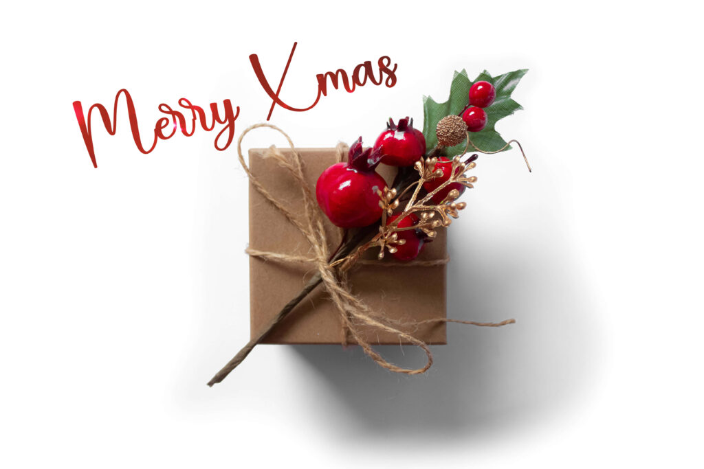 Festive Wallpaper: Gift Wrapped in Brown Paper & Merry Xmas Design