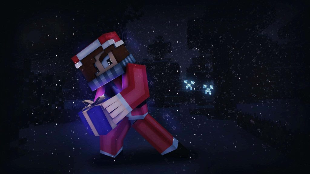 Minecraft festive wallpaper with Santa avatar holding gift snowy night glowing eyes background