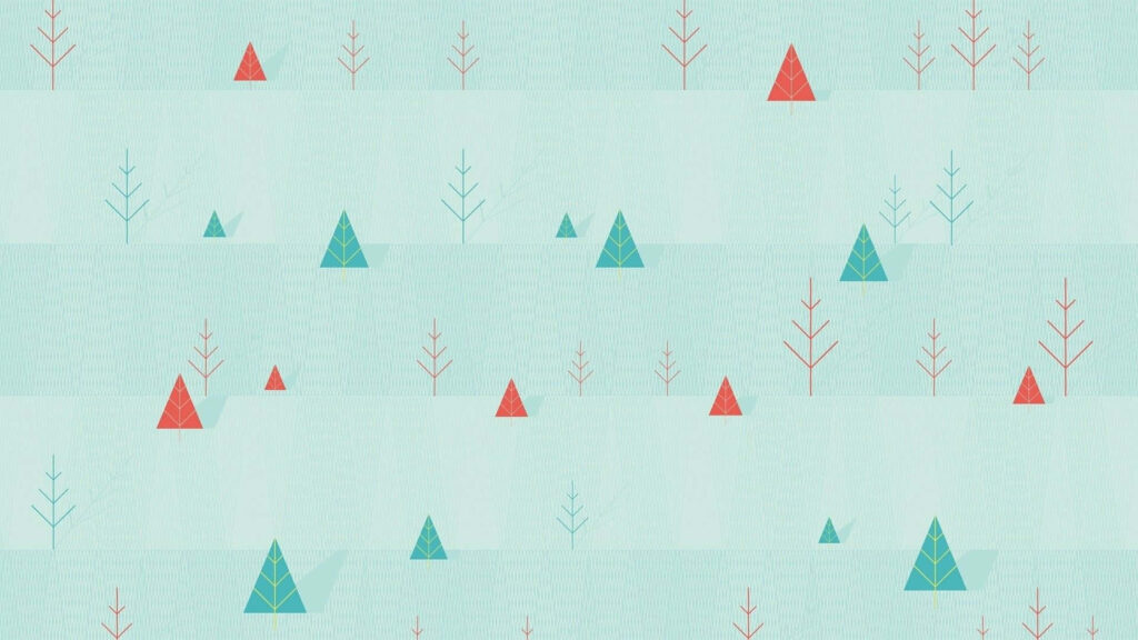 Festive Minimalist Wallpaper: Red & Blue Geometric Trees on Green