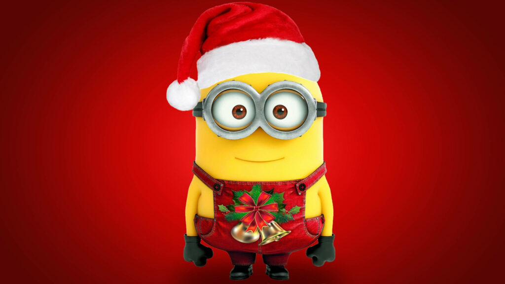 Festive Minion Wallpaper: Santa Hat & Holiday Overalls on Red
