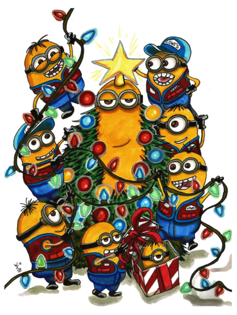 Joyful Minions Decorating Christmas Tree - Festive Wallpaper