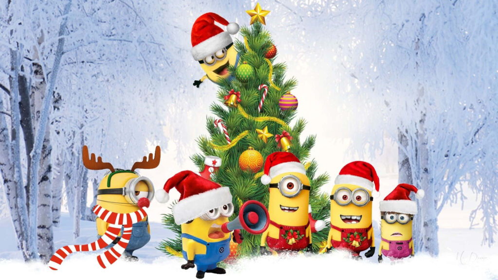 Minions Celebrate Christmas in Snowy Winter Wonderland Wallpaper