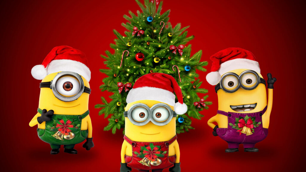 Festive Minions Wallpaper: Christmas Tree & Holiday Cheer Background