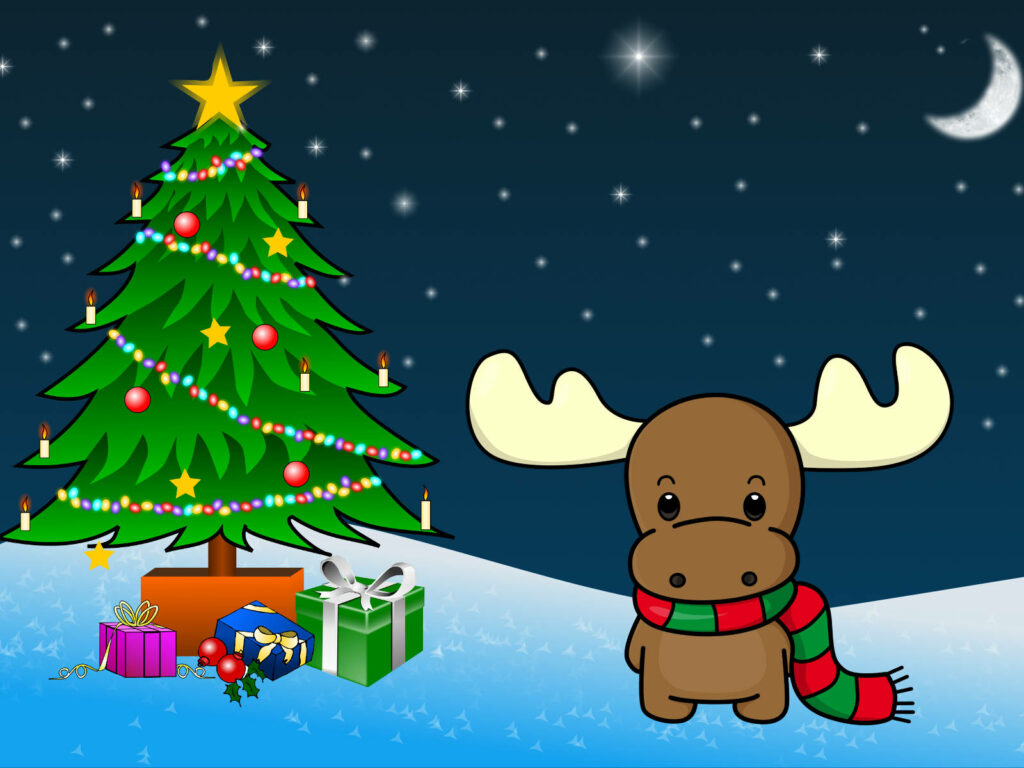 Cheerful Cartoon Moose by Christmas Tree - Festive Wallpaper Design