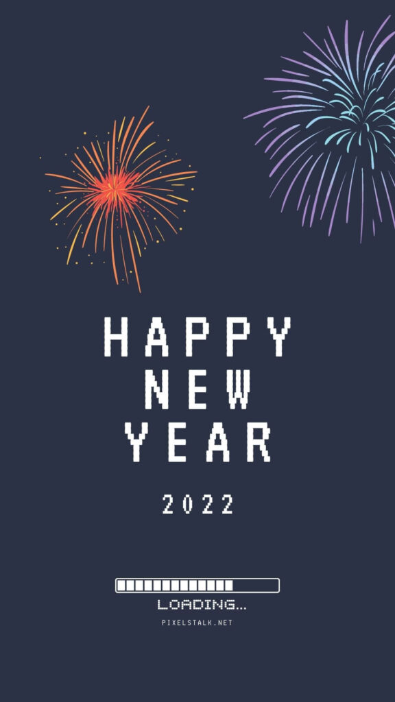 New Year 2022 wallpaper with colorful fireworks and retro loading bar festive background