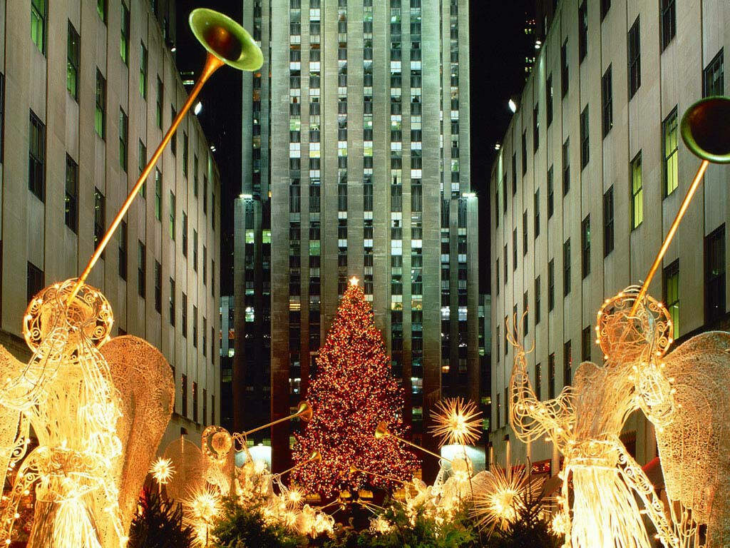 Festive Rockefeller Center Wallpaper: Angels & Illuminated Christmas Tree