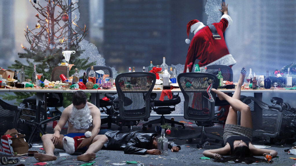 Post-Holiday Party Chaos: Festive Office Scene with Santa Wallpaper