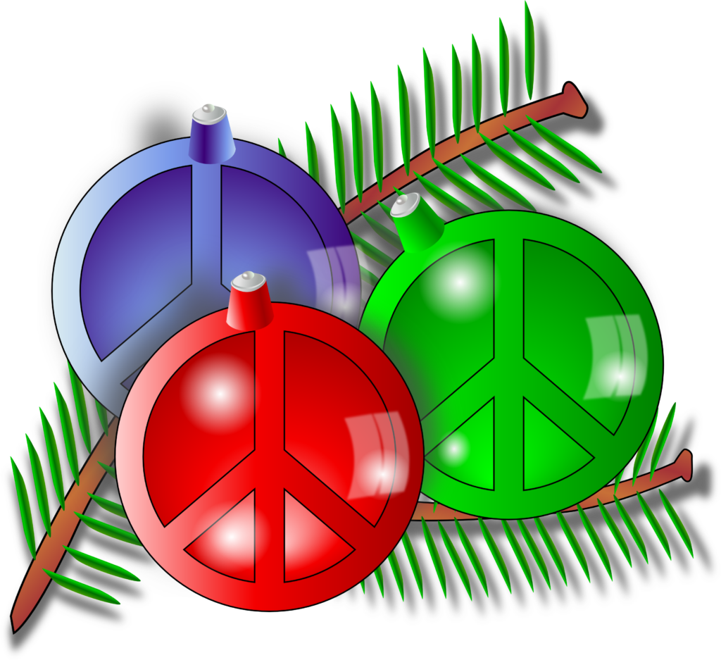 Colorful Peace Sign Ornaments on Pine Branches - Festive Wallpaper