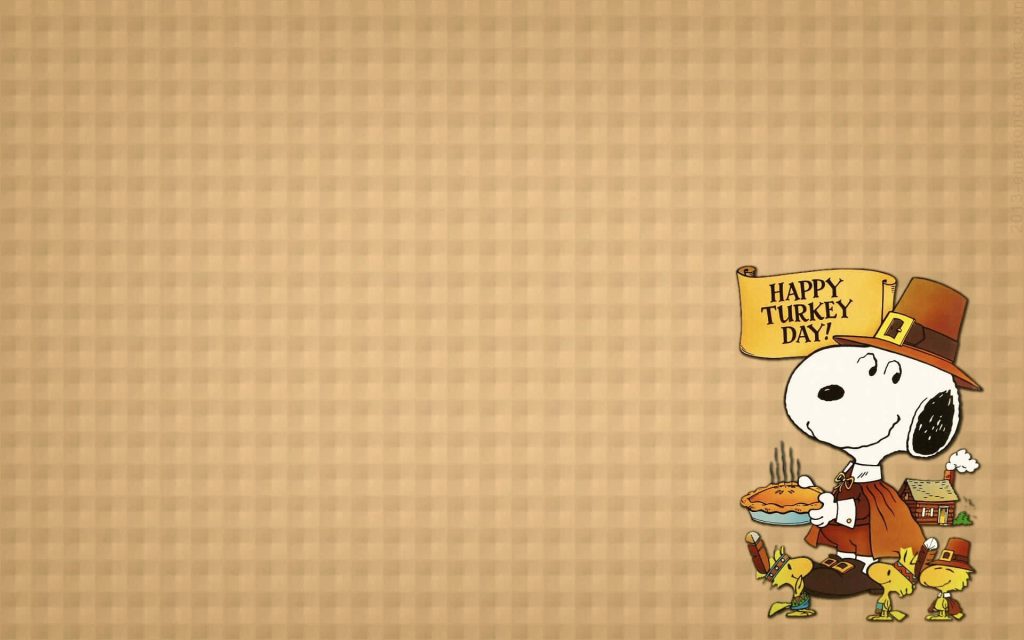 Thanksgiving Peanuts wallpaper Snoopy Pilgrim holding pie Woodstock friends warm plaid