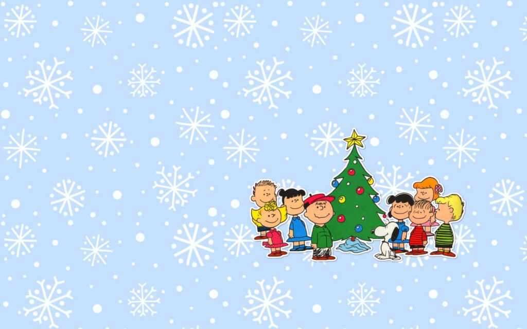 Festive Peanuts Characters by a Christmas Tree - Winter Wallpaper