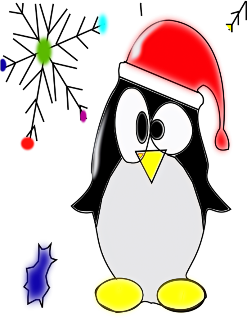 Festive Penguin in Santa Hat with Colorful Holiday Lights Wallpaper
