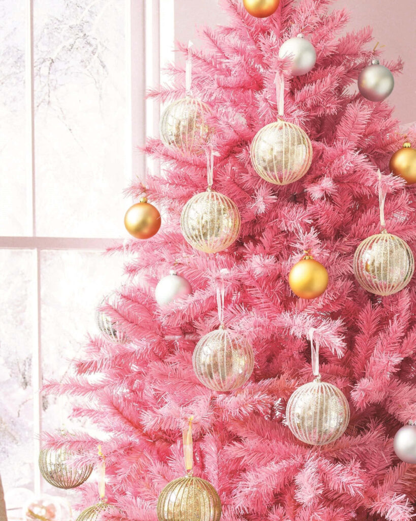 Vibrant Pink Christmas Tree with Gold & Silver Baubles - Modern Holiday Decor Wallpaper