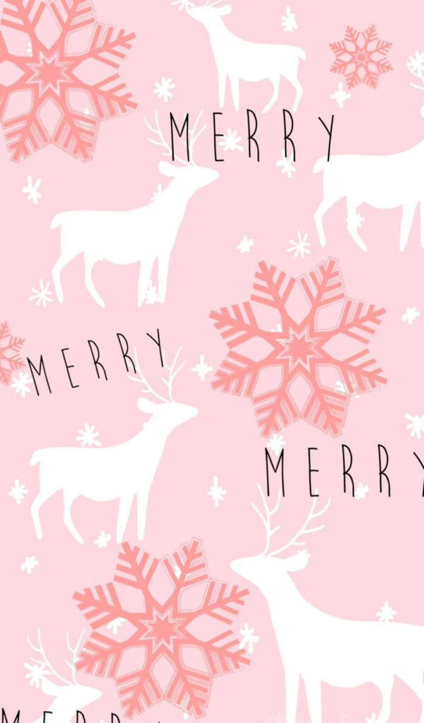 Festive Pink Reindeer Wallpaper with Snowflakes & Merry Design