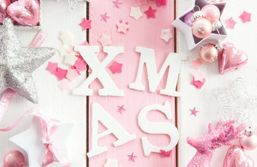 Festive Pink and White Christmas Wallpaper with XMAS Decorations