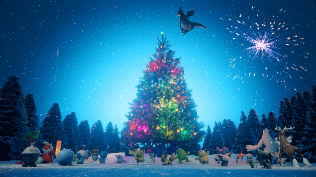 Festive Pokémon Christmas Tree Wallpaper in Snowy Forest