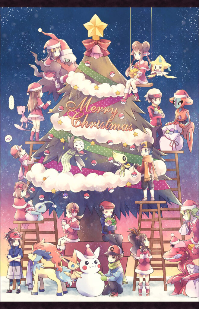 Joyful Pokémon & Trainers Decorating Christmas Tree Wallpaper