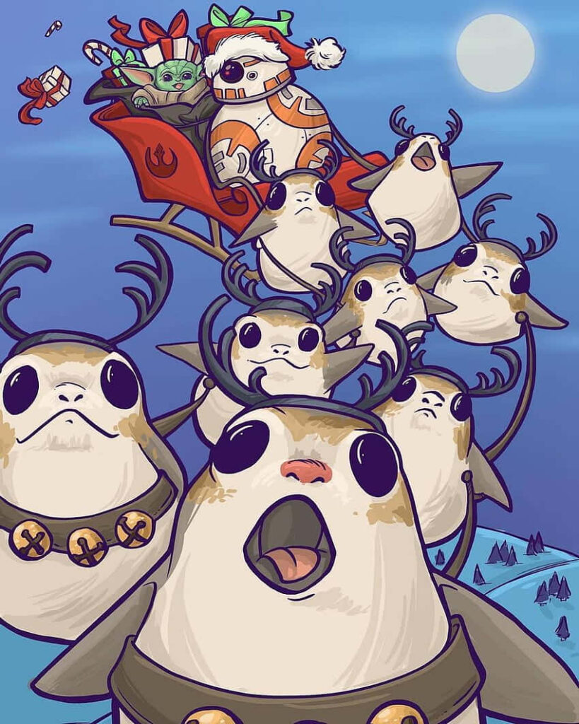 Whimsical Porgs Sleigh Ride: Festive Holiday Wallpaper Delight