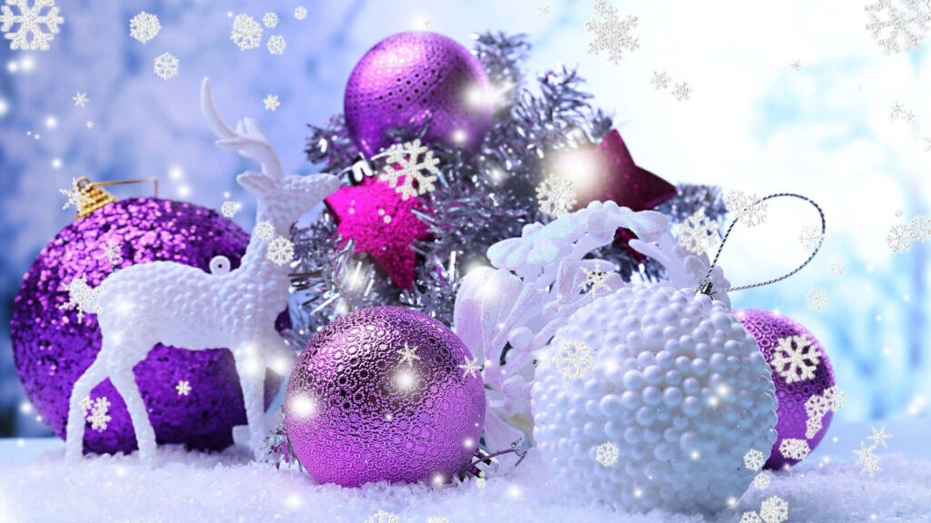Festive Holiday Wallpaper: Purple & Silver Ornaments on Snowy Background