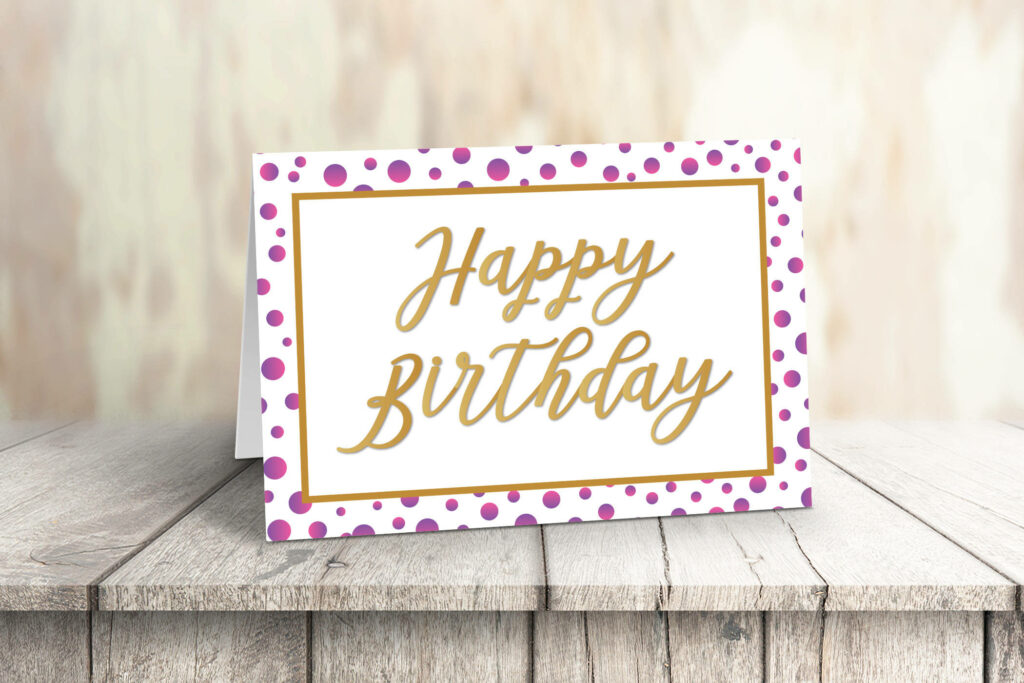 Happy Birthday Card with Purple and Gold on Wooden Background Wallpaper