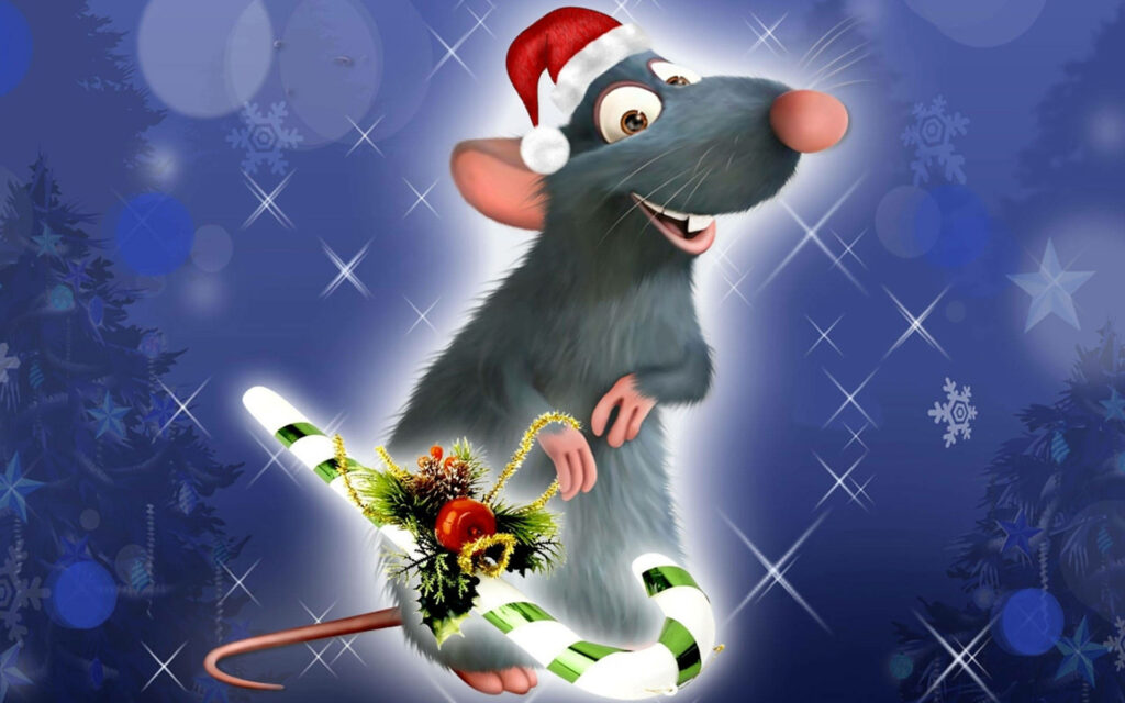 Festive Ratatouille Christmas Wallpaper: Remy with Candy Cane & Snowflakes