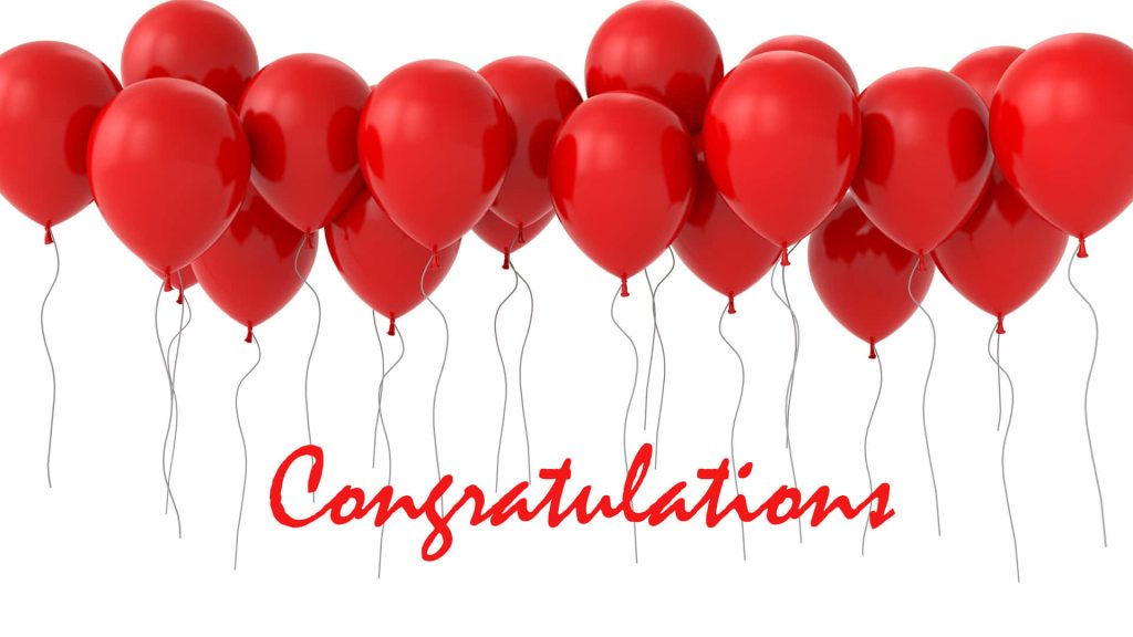 Festive digital wallpaper with glossy red balloons and elegant congratulations text on white background