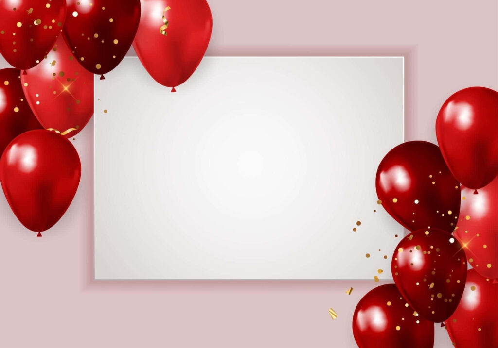 Festive shiny red balloons and golden confetti frame white space on soft pink celebration background Wallpaper