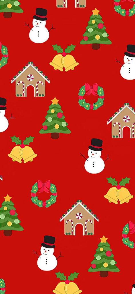 Joyful Holiday Background: Festive Red Christmas Pattern with Cheerful Icons Wallpaper