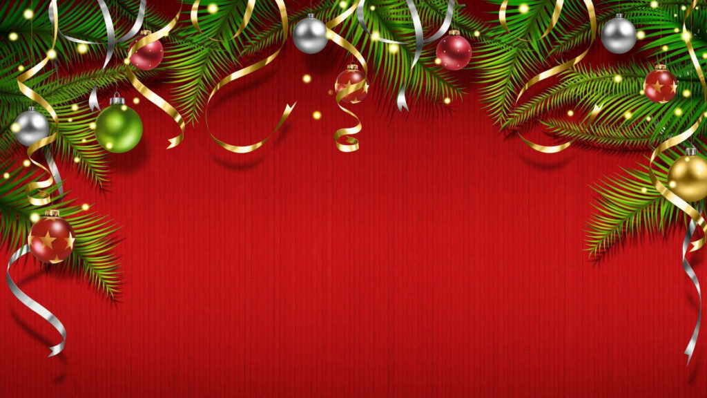 Festive Red Christmas Wallpaper with Ornaments & Pine Branches