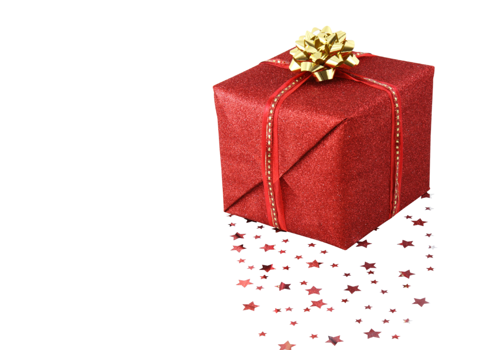 Festive Wallpaper: Sparkling Red Gift Box with Golden Bow & Star Confetti