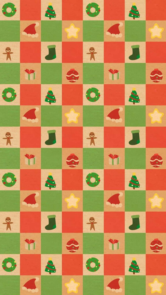 Festive Red & Green Checkerboard Christmas Wallpaper - Holiday Icons
