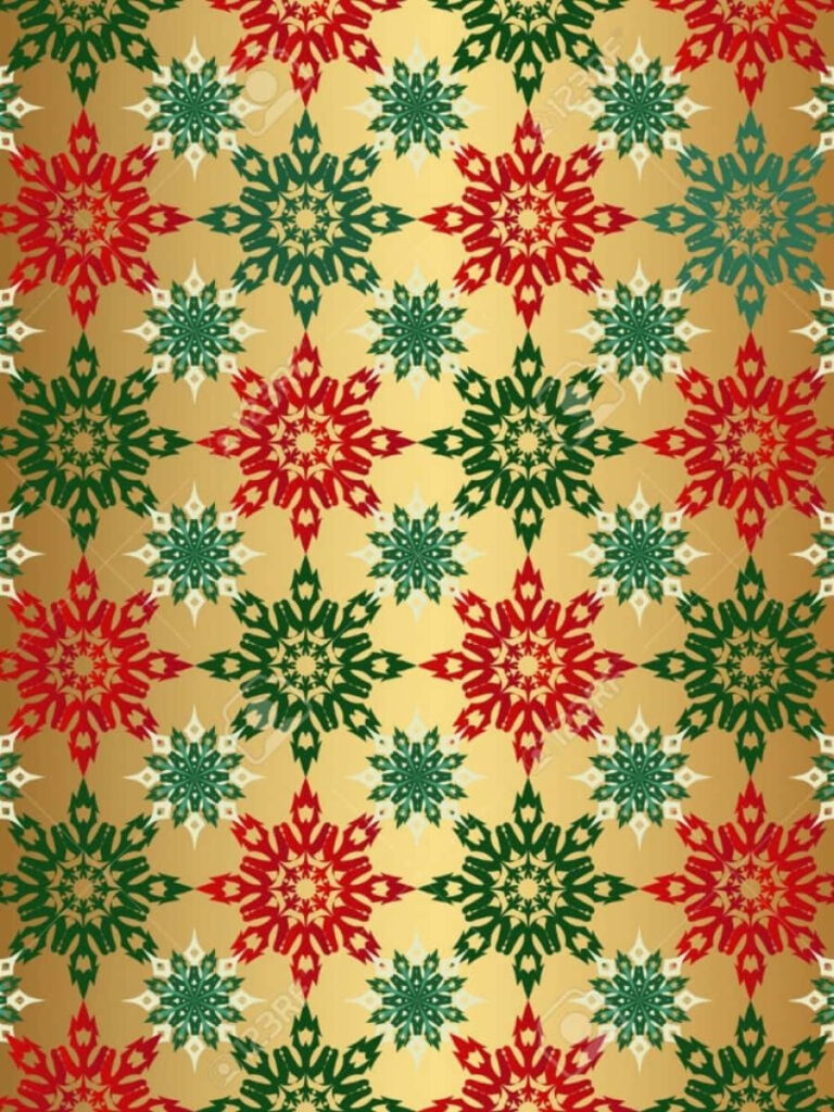 Festive Red & Green Snowflake Wallpaper on Golden Background