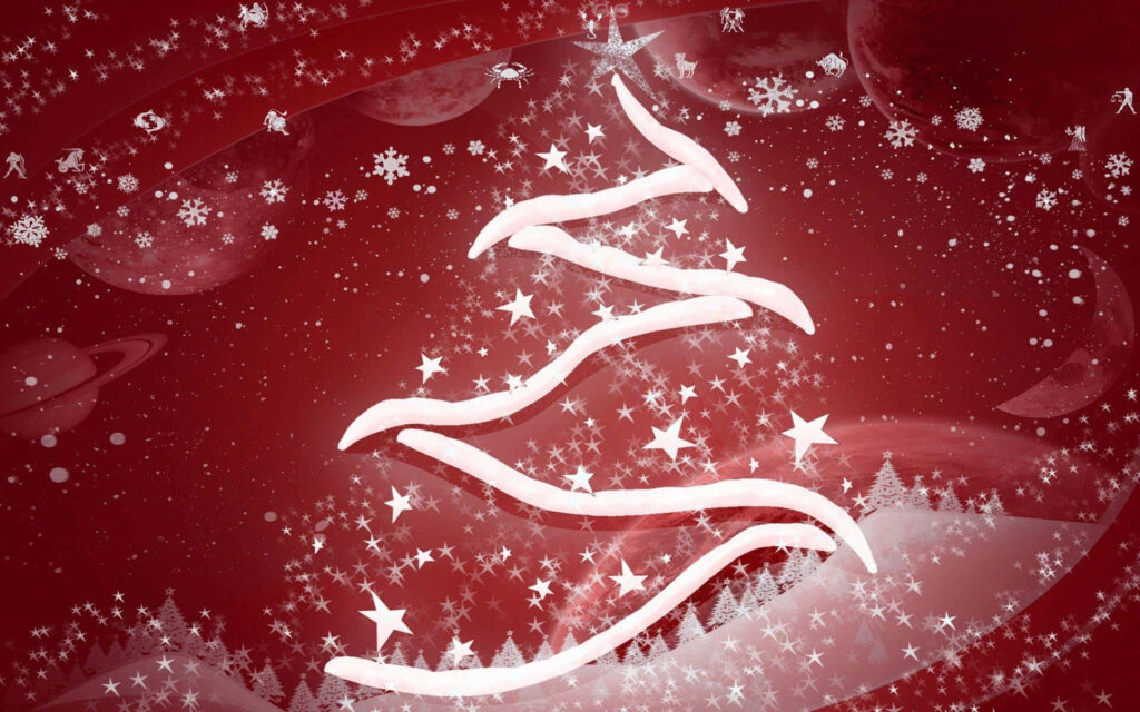 Whimsical Red Christmas Tree Wallpaper with Stars & Snowflakes