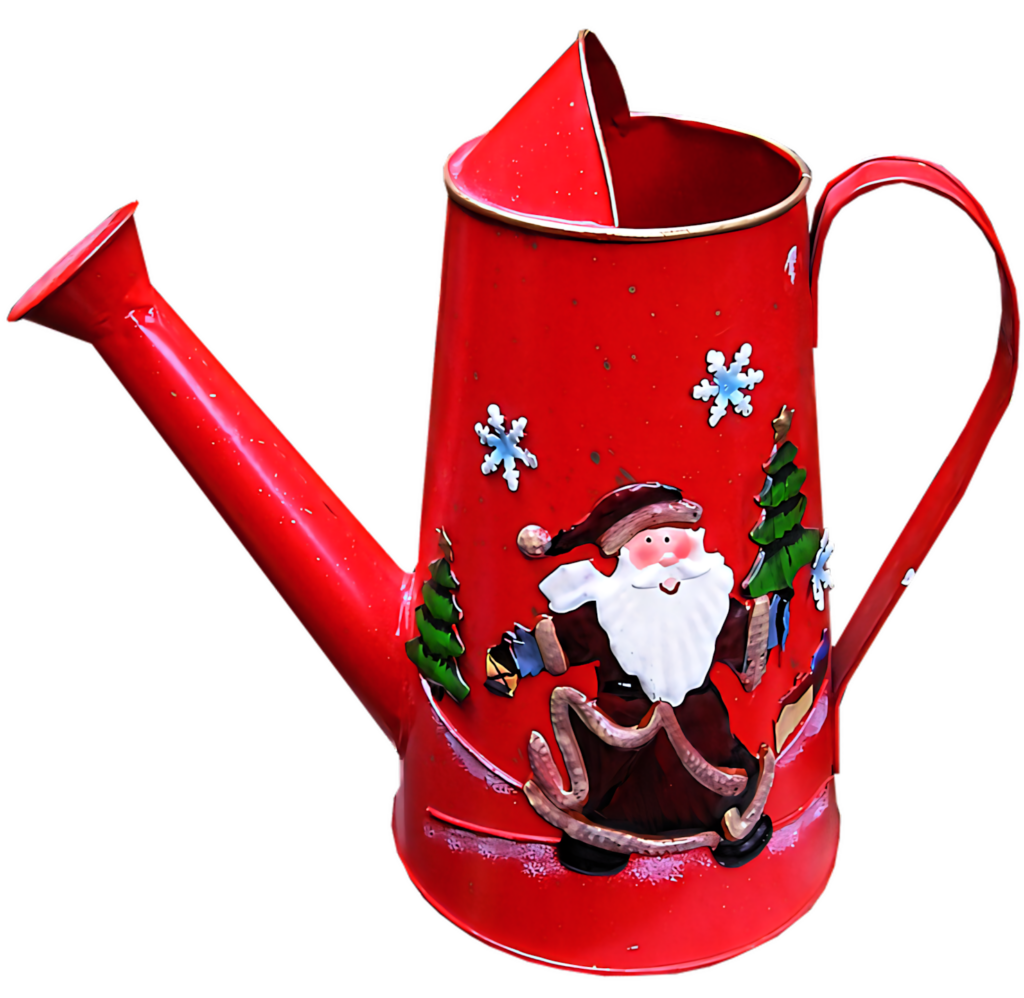 Cheerful Santa Claus Wallpaper with Red Watering Can & Snowflakes