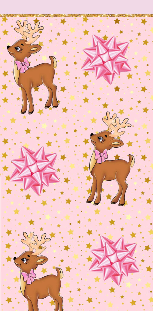Festive Reindeer Wallpaper: Pink Bows & Golden Stars for Christmas