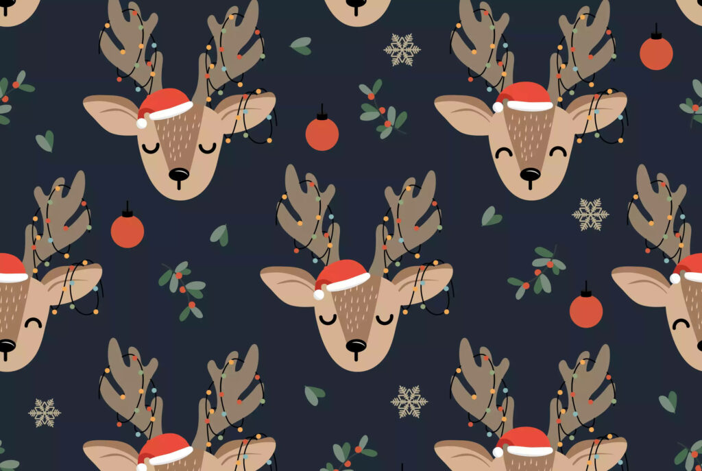 Cheerful Reindeer Christmas Wallpaper with Lights and Snowflakes
