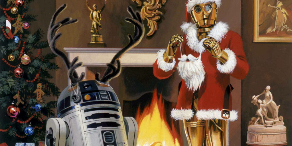 Festive Robot Wallpaper: Santa Claus & Reindeer Antlers by Fireplace