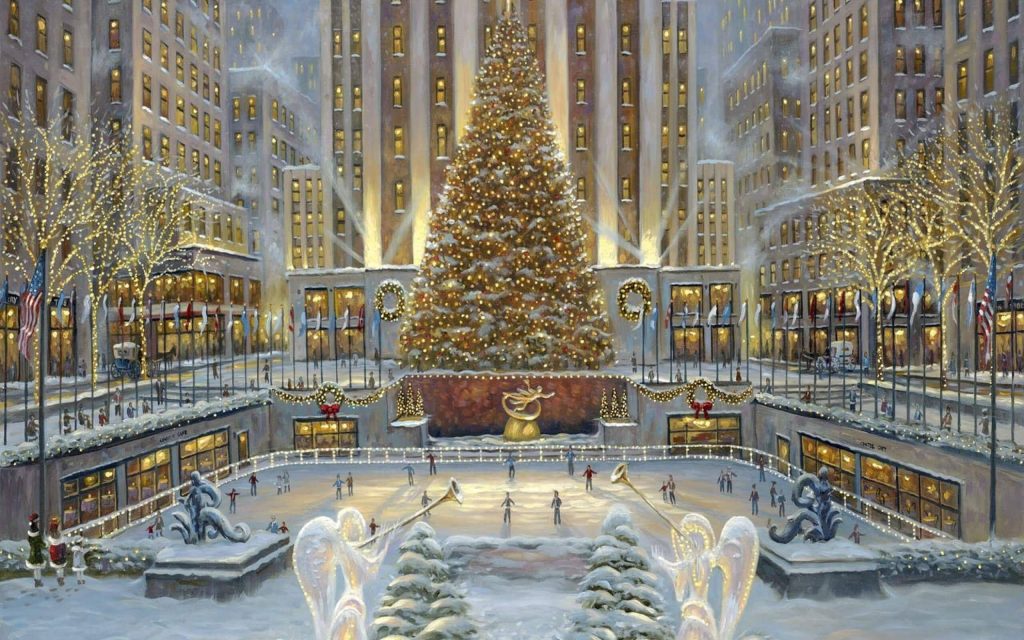 Festive Rockefeller Center Christmas tree and skating rink glowing with NYC city lights at night Wallpaper