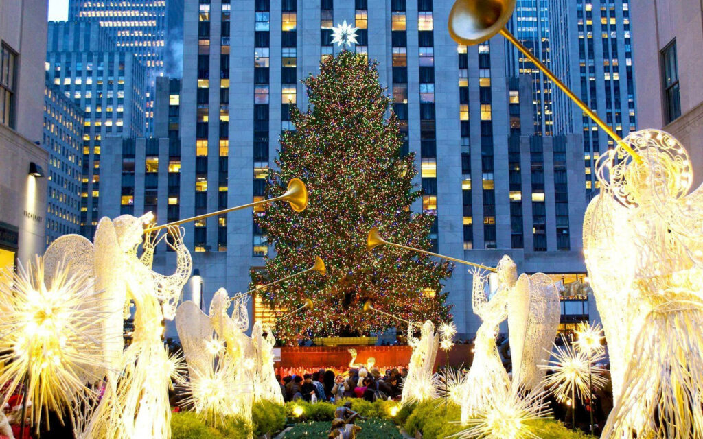 Festive Rockefeller Plaza Wallpaper: Christmas Tree & Angel Lights