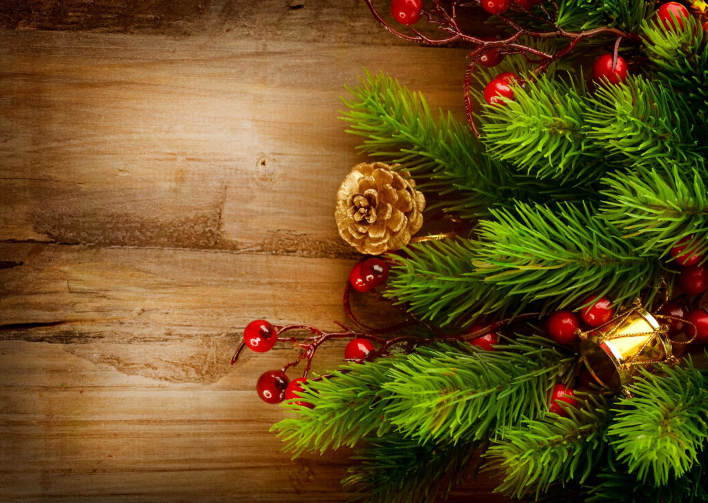 Rustic Brown Holiday Wallpaper with Green Pines & Red Berries
