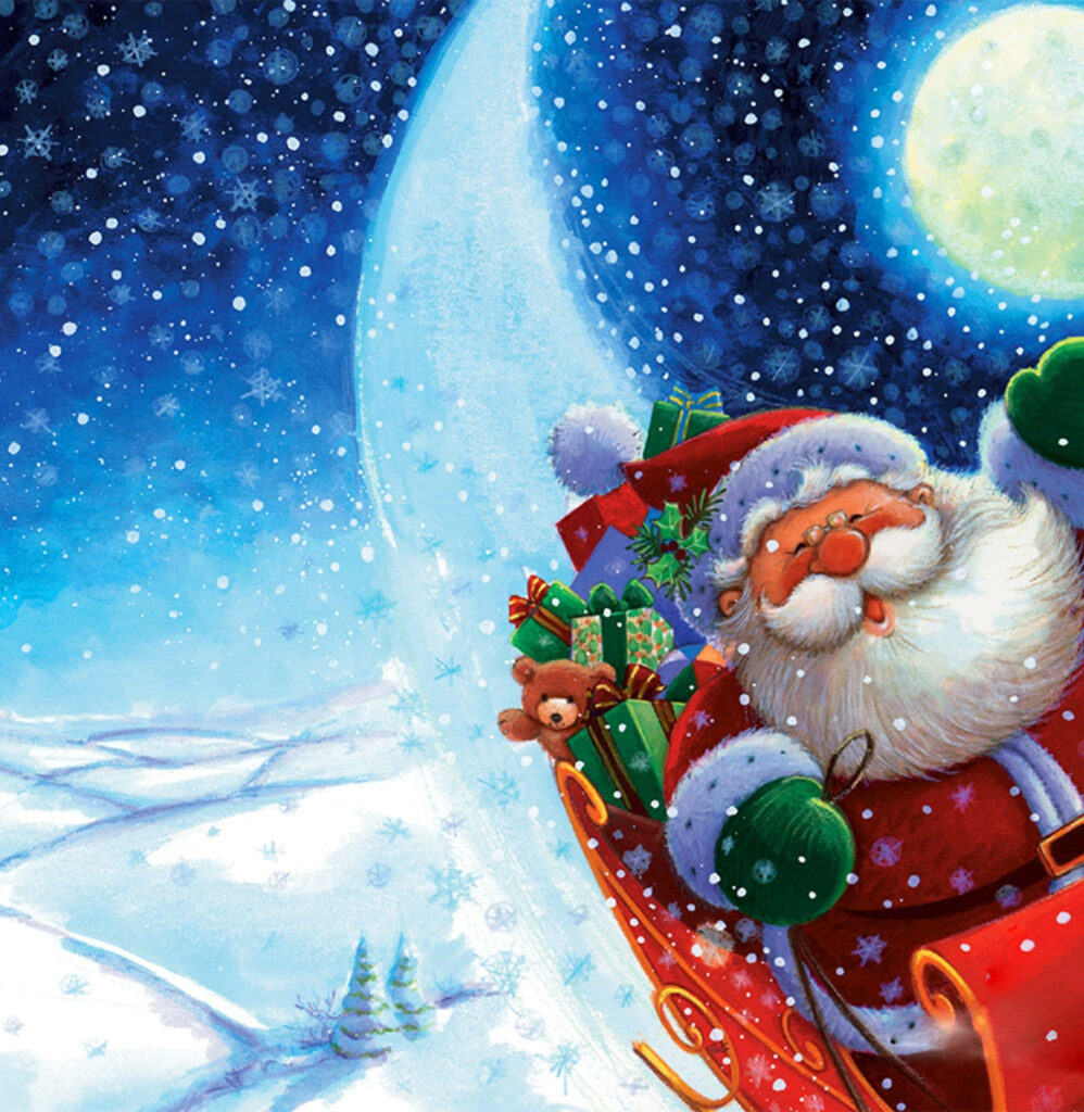 Festive digital wallpaper of Santa Claus riding sleigh with gifts under glowing moon Christmas Eve