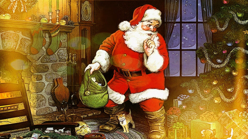 Santa Tiptoeing by Fireplace: Magical Christmas Wallpaper Scene
